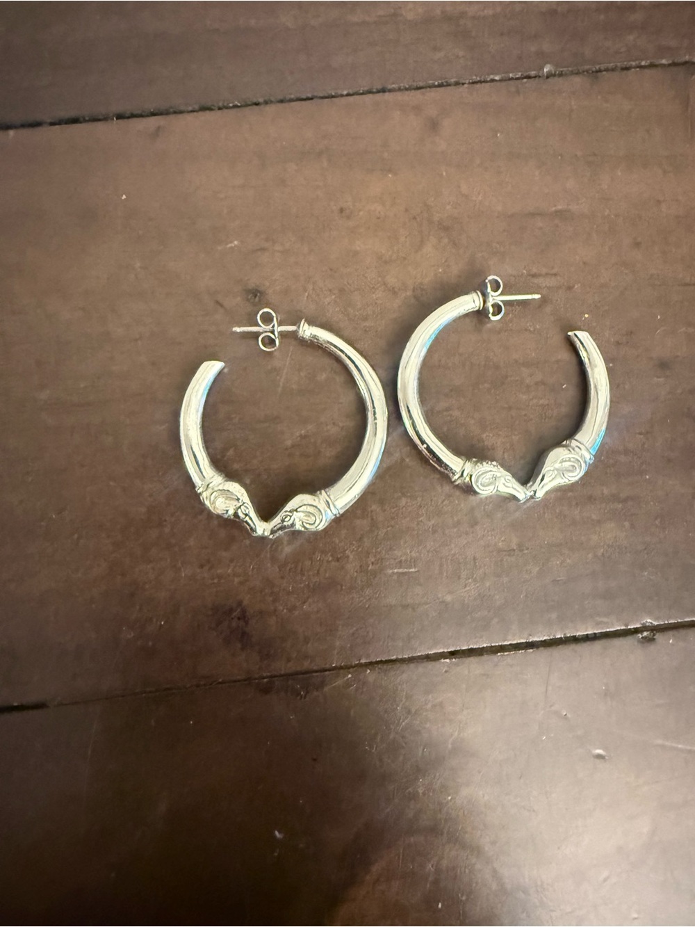 Ram Head Silver Tone Hoop Earrings Aries Zodiac Vintage Style 1.5 Inch